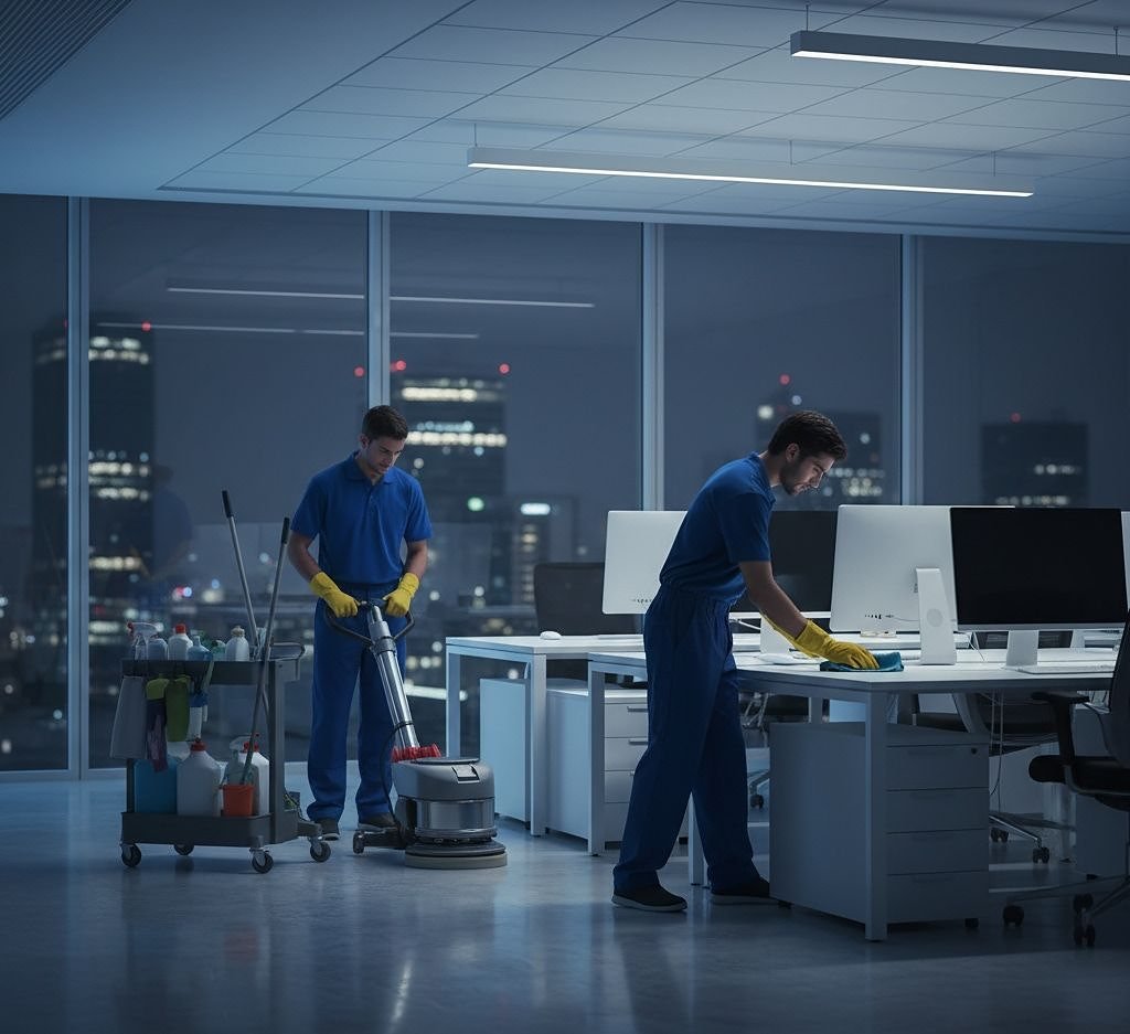 Cleaning team working in an office at night