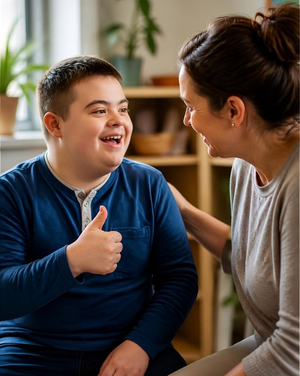 Smiling participant giving a thumbs up with his support worker
